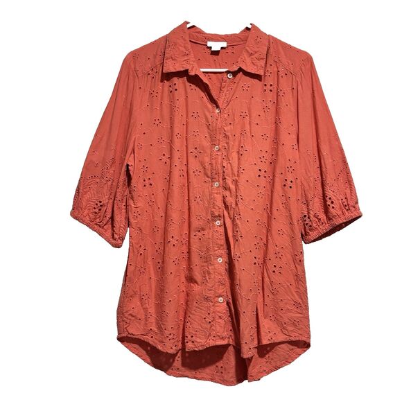 SUNDANCE Corsica Eyelet Puff Sleeve Top Womens Medium Coral Button Up Cotton - Picture 2 of 8